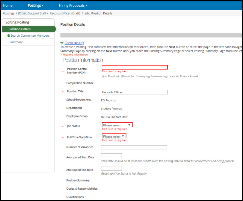 Screenshot PeopleAdmin entering require Position Details fields