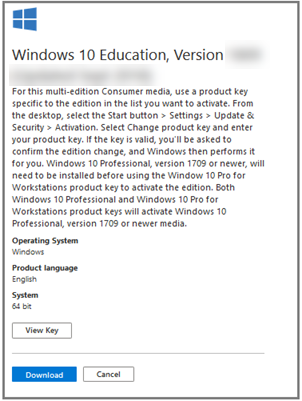 Screen capture of the sidebar containing information about Windows 10 Education, Version 1809 (Updated September 2018), with the white View Key and and blue Download buttons at the bottom left