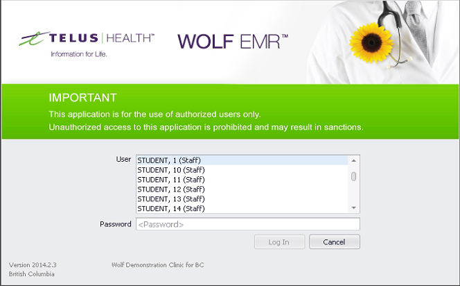 Telus Health Wolf EMR login page showing a list of possible student users and a password field