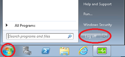 windows start menu showing the log off button circled in red