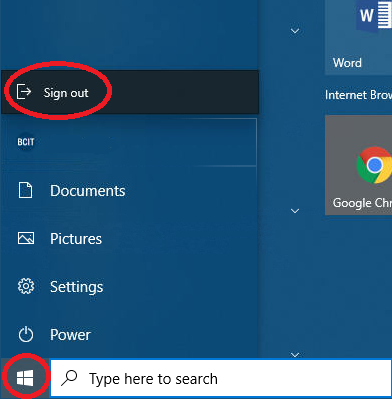 AppsAnywhere Desktop start menu showing the sign out link circled in red