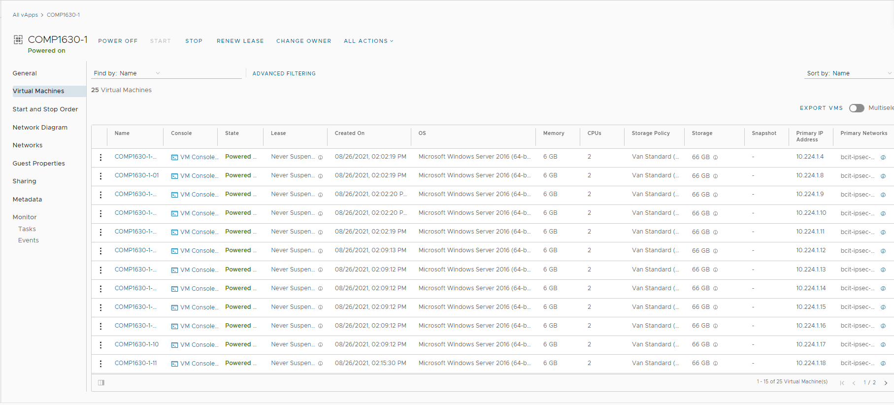 LIst of all VMs with the VM name and IP address columns marked in red