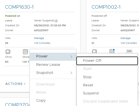 Actions menu showing the Power sub-section and Power Off option