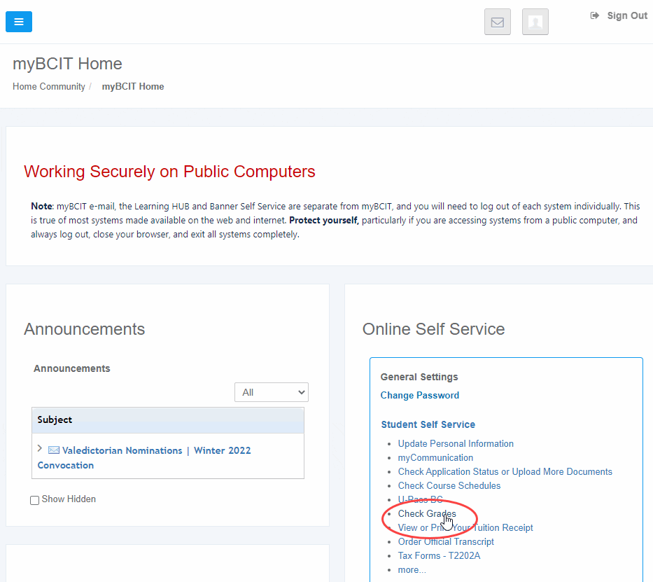 myBCIT homepage showing the Check grades link circled in red