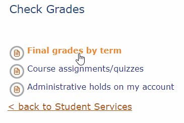 Check grades links, with mouse cursor hovering over final grades by term in orange