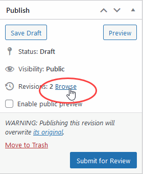 Publisher sidebar in WordPress with a red circle around the Browse link next to Revisions: 2