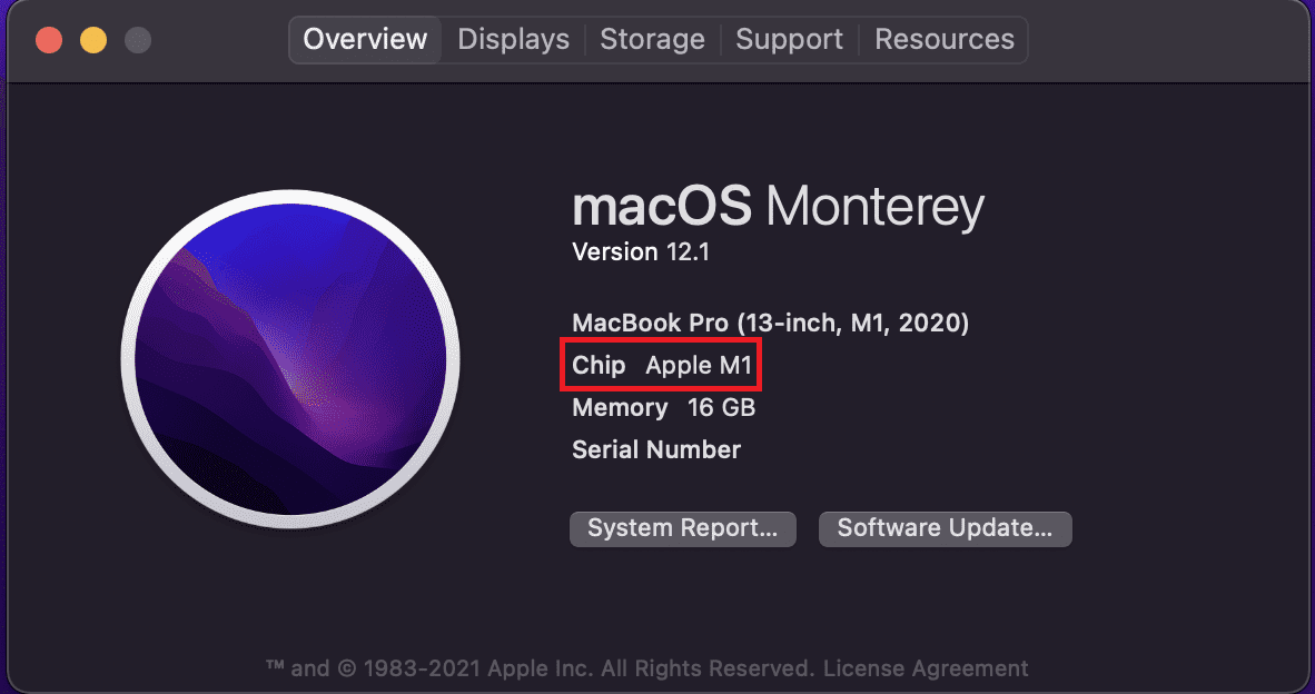 About this Mac Overview showing Chip Apple M1 marked by a red rectangle