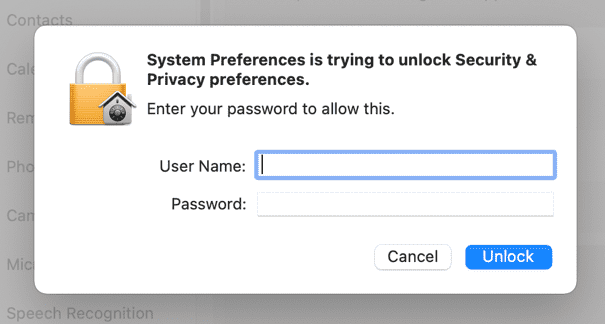 Pop-up message that says System Preferences is trying to unlcok Securiyt & Privacy preferences