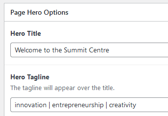 Page Hero Options sidebar showing entries in the Hero Title and Hero Tagline fields