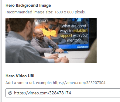 Page Hero options sidebar content, specifically the hero background image showing a selected static image and the hero video URL field with a vimeo link filled in
