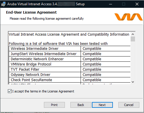 Screen shot of aruba end-user license agreement.