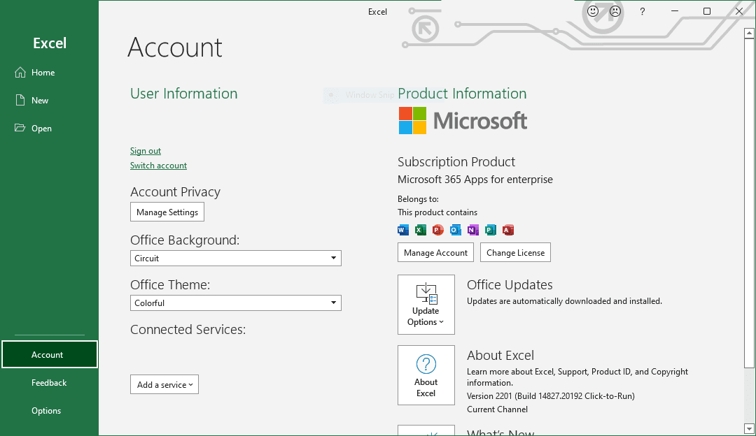 Excel Account Licensing screen, showing that the current licensing is through MS 365 Apps for Enterprise