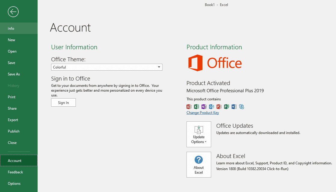 Excel Account Licensing screen, showing that the current licensing is through MS Office Professional Plus 2019