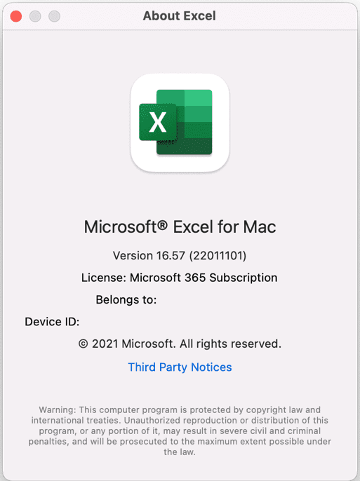 About Excel window showing Licensing as Microsoft 365 Subscription