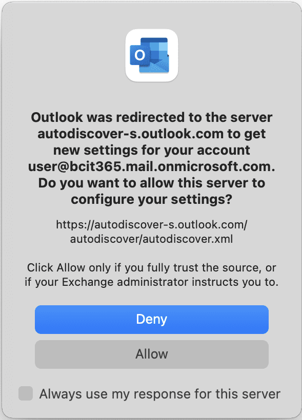 Mac Outlook alert box saying that Outlook was redirected to a server to get new settings for your account.