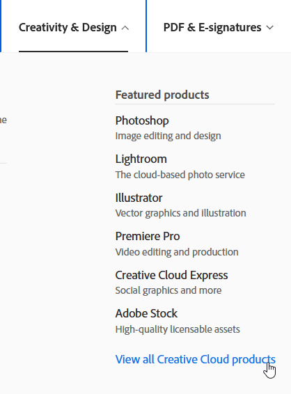 Creativity & Design menu item showing submenu and blue View All Creative Cloud Products link at the bottom of the list