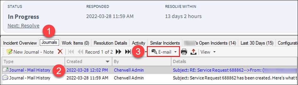 Screenshot of Cherwell Jounrals tab to view Original Email