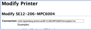 Modify Printer dialogue showing the modified URL in the Connection field