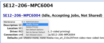 Printer SE12-206-MPC6004 showing that it is Idle, with the dropdown menu open to show the Modify Printer option