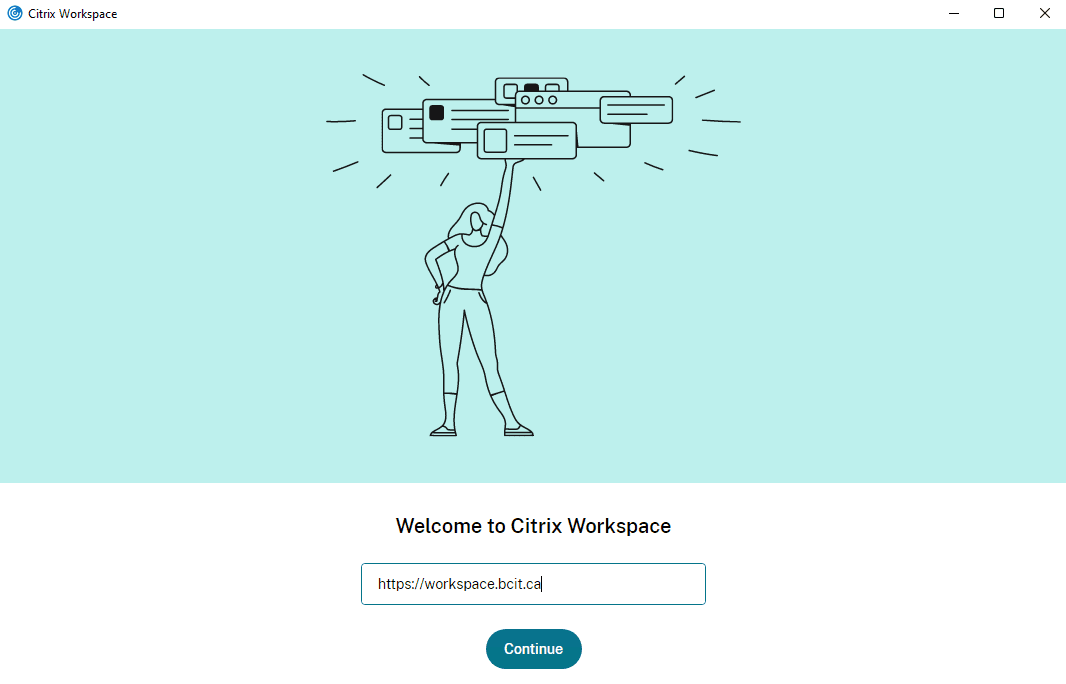 line drawing of an apparent woman holding a group of windows above her head on a blue background, and below that the words welcome to citrix workspace followed by the field to put url into and a continue button