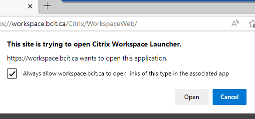 Browser warning showing checkbox for always allow workspace.bcit.ca to open links of this type in the associated app