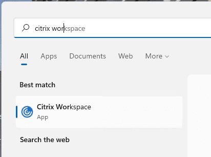 search field in the start menu showing Citrix Workspace as a result for a search for that term