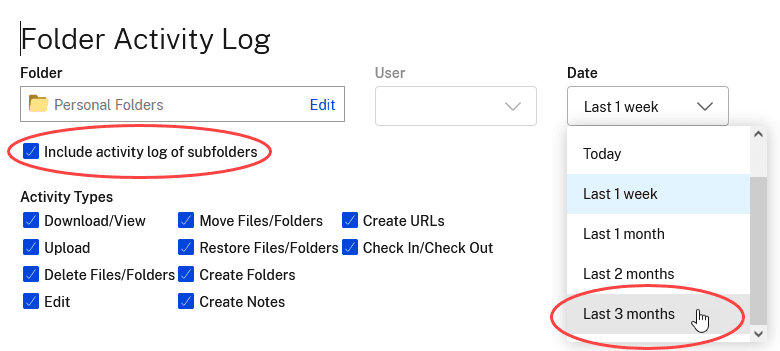 Folder Activity Log settings, with the include subfolders and last 3 months date setting circled in red