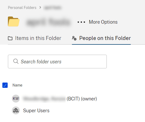 screenshot of the People on this folder list for a top-level folder in Personal Folders