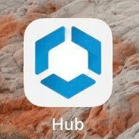 Hub app icon, a blue interrupted hexagon on a white background