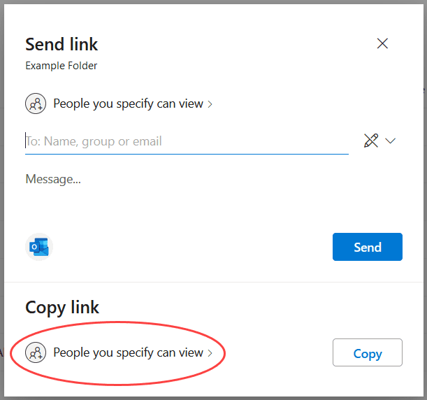 Send and Copy Link dialog in OneDrive, showing the correct link sharing settings circled in red