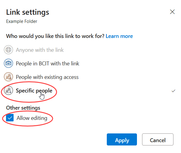 Link settings dialog showing the specific people option fourth in the list and the allow editing checkbox checked
