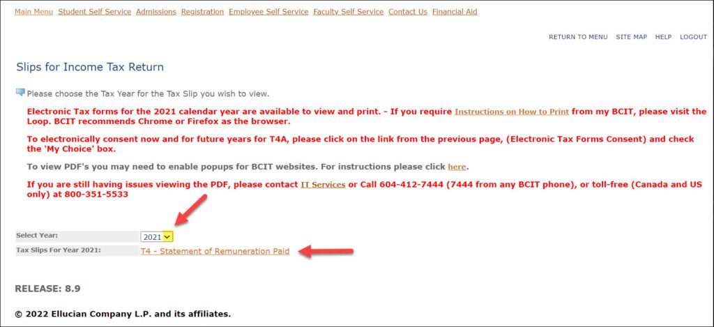 Screenshot myBCIT Online Self Service Slips for Income Tax Return T4 or T4A