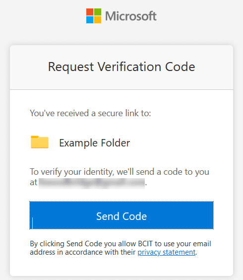 Request verification code message showing the folder name and a blue send code button