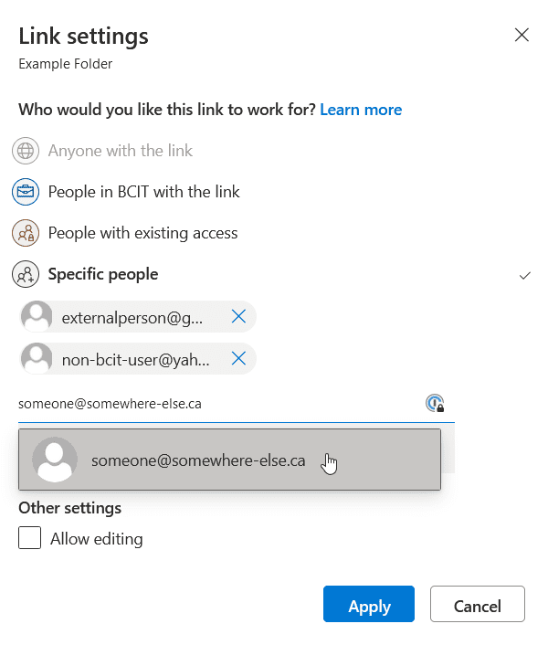 Link settings dialogue showing Specific people chosen with two external email addresses added and a third in process