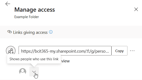Manage access dialog showing toggle to see the list of people who can view the link