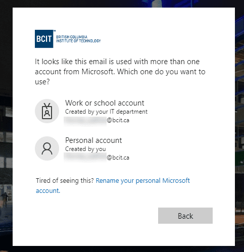 Message saying that this email is used with more than one account from Microsoft