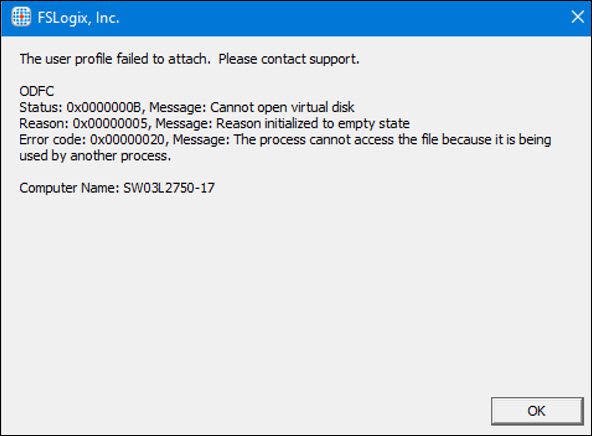 Screenshot FSLogix error message box