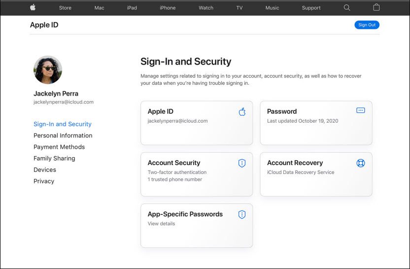 Screenshot Apple ID Sign in and Security page