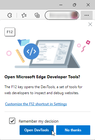 Open Microsoft Developer Tools dialog box with the blue Open Dev Tools button at the bottom left