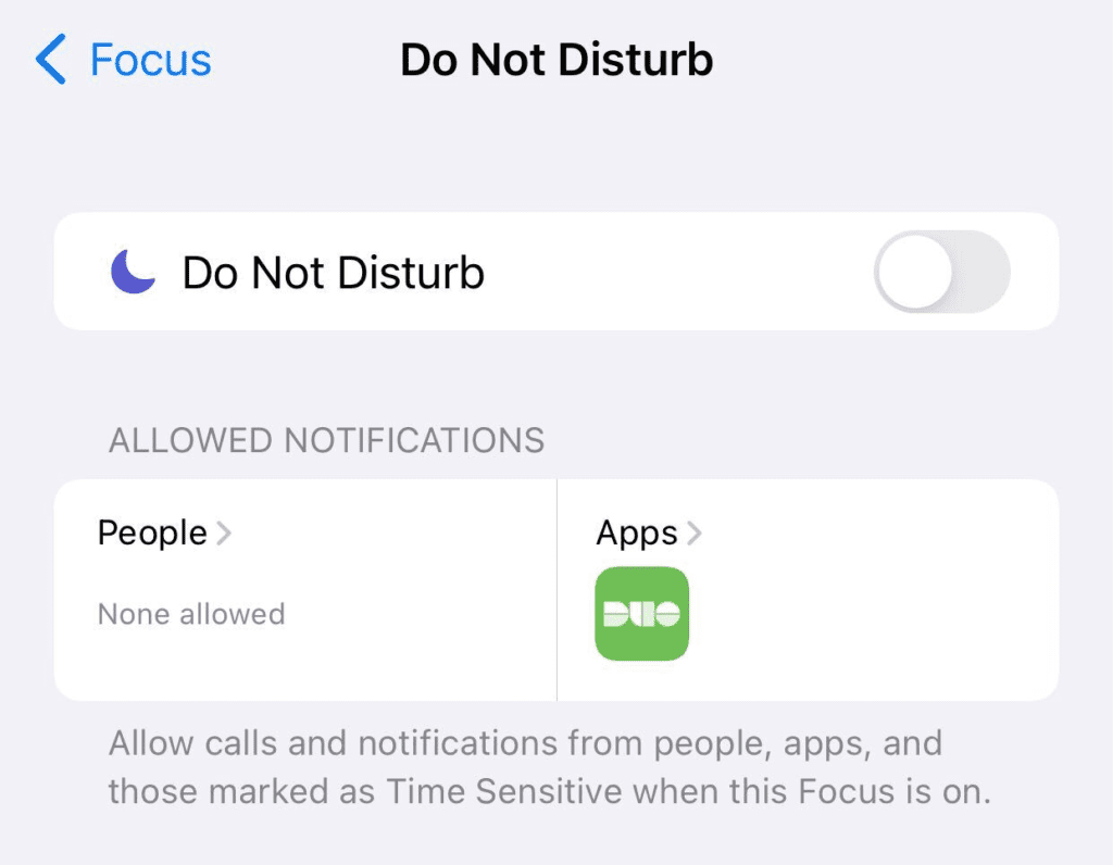 Allowed Notifications for a Do Not Disturb focus setting, showing the Duo app as allowed