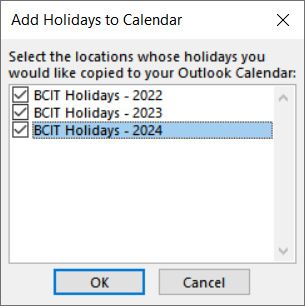 A popup window named add holidays to calendar