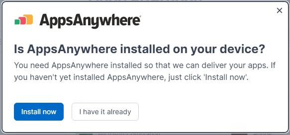 Popup asking if AppsAnywhere is instaled on your device. Blue install now button bottom left is marked in red.