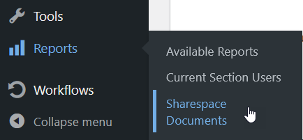 Reports submenu showing Sharespace Documents at the bottom