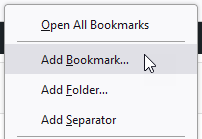 Bookmarks toolbar contextual menu showing the cursor over the Add Bookmark option