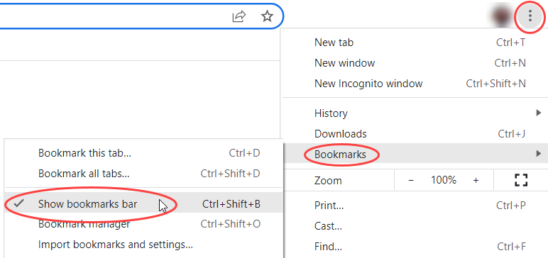 Chrome utility menu showing bookmarks and show bookmarks bar