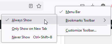 Bookmarks Toolbar options set to Always Show