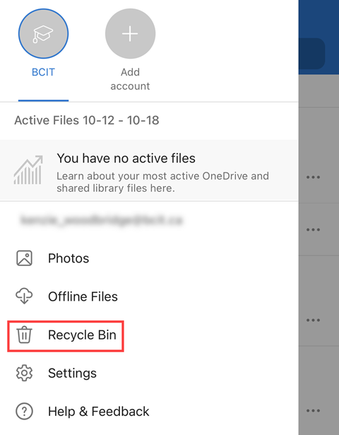 OneDrive mobile app screen showing the Recycle Bin marked with a red rectnagle