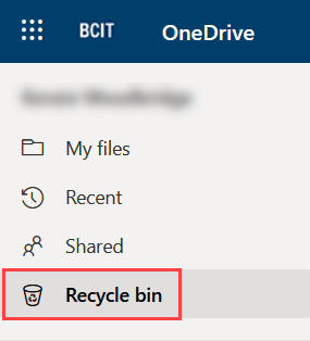 OneDrive menu with Recycle Bin at the bottom marked by a red rectangle