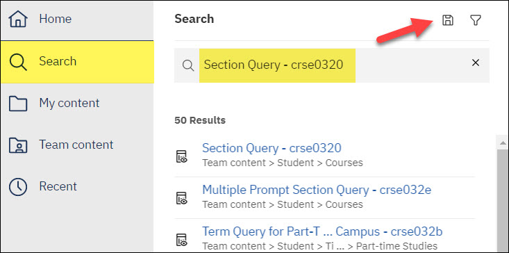 Screenshot Cognos Search and Save icon