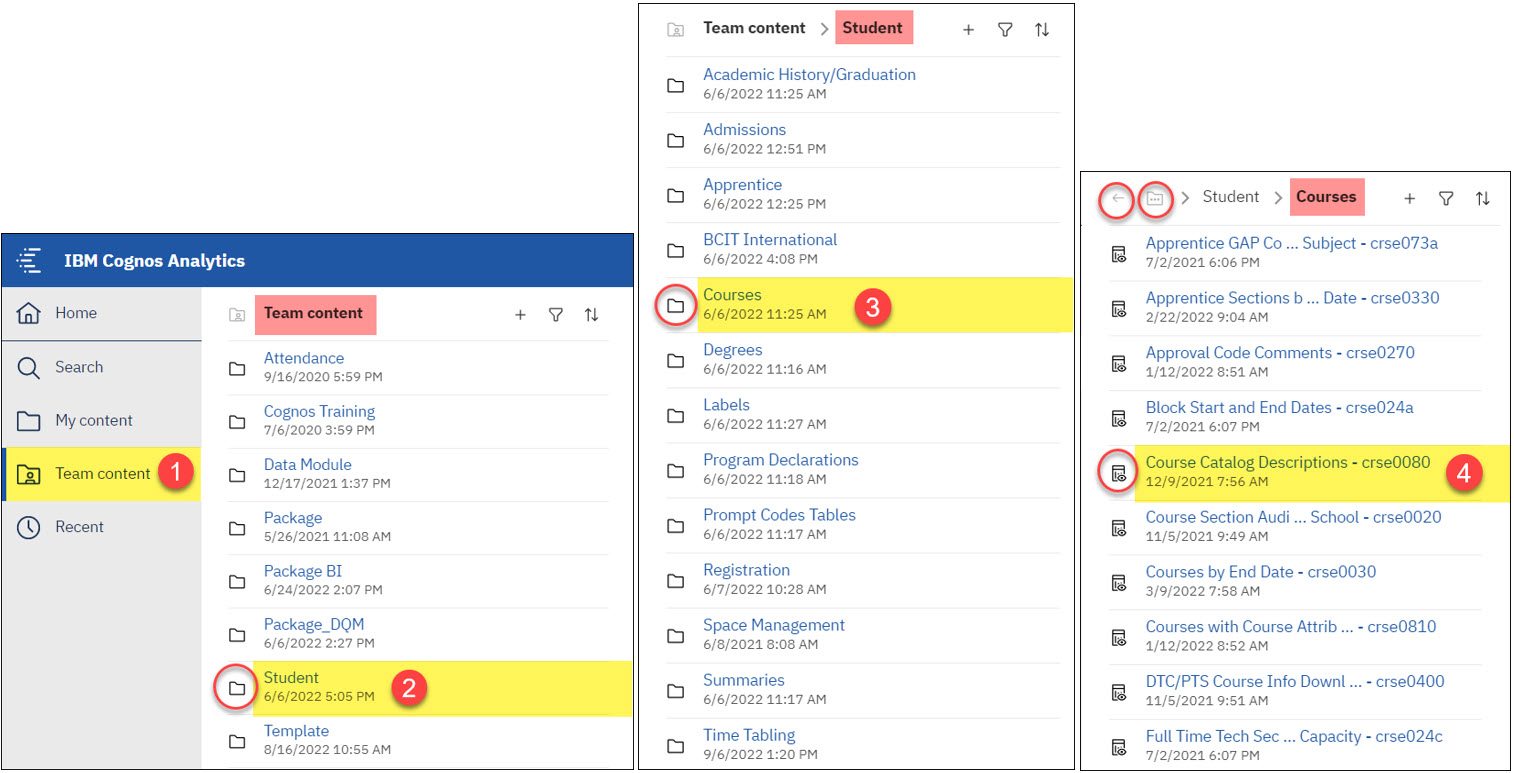 Screenshot of Cognos navigating through Team Content folders